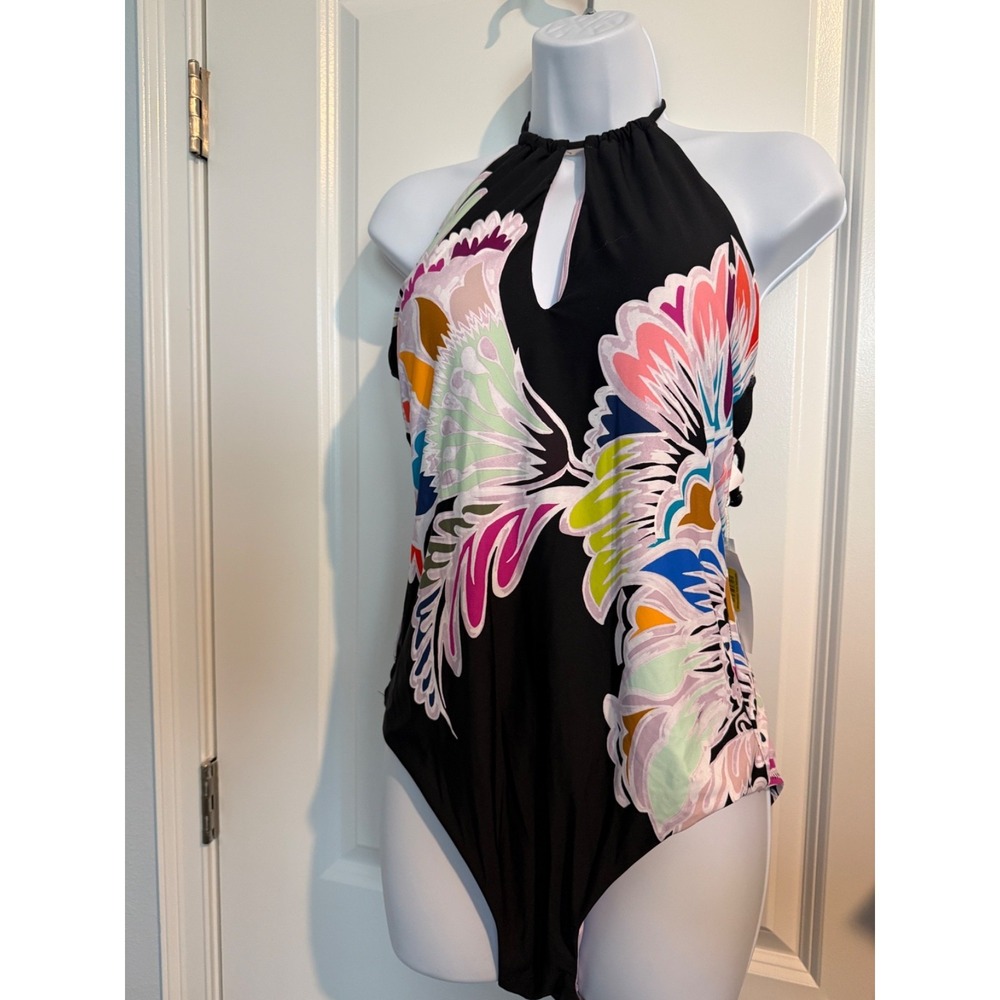 Trina‎ Turk Women High Neck One-Piece Swimsuit Black Seychelles Size 14 NWT $162 - Picture 3 of 8